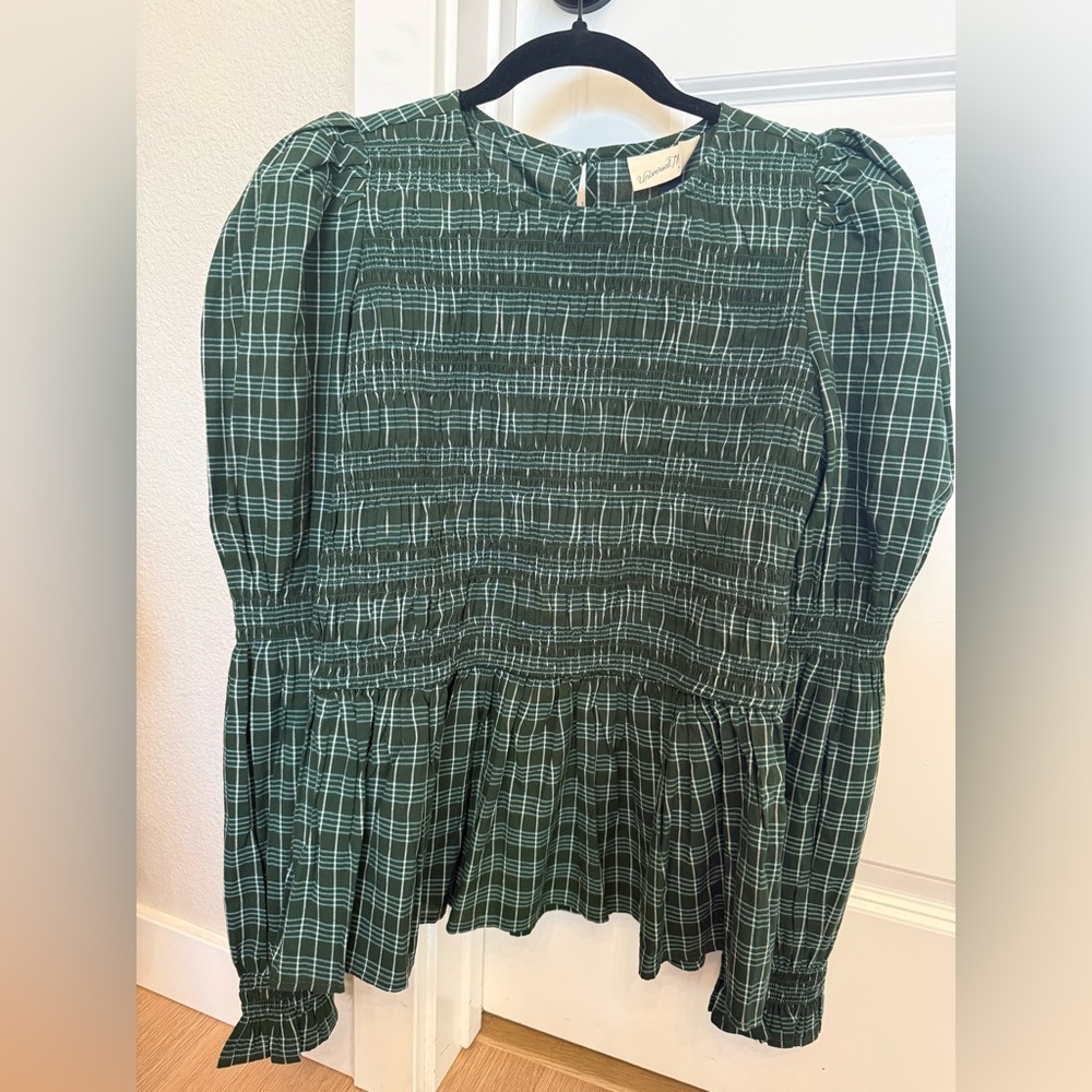 Green plaid smocked top with puff sleave